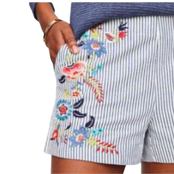 LOFT Pants - LOFT Boho Striped Embroidered High-Rise Shorts in Blue/White Size 4 -- SO PRETTY